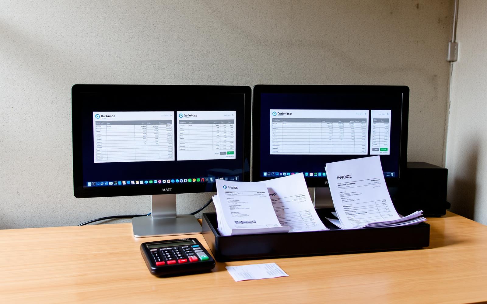 Scrivania amministrativa con due monitor che mostrano documenti di fattura