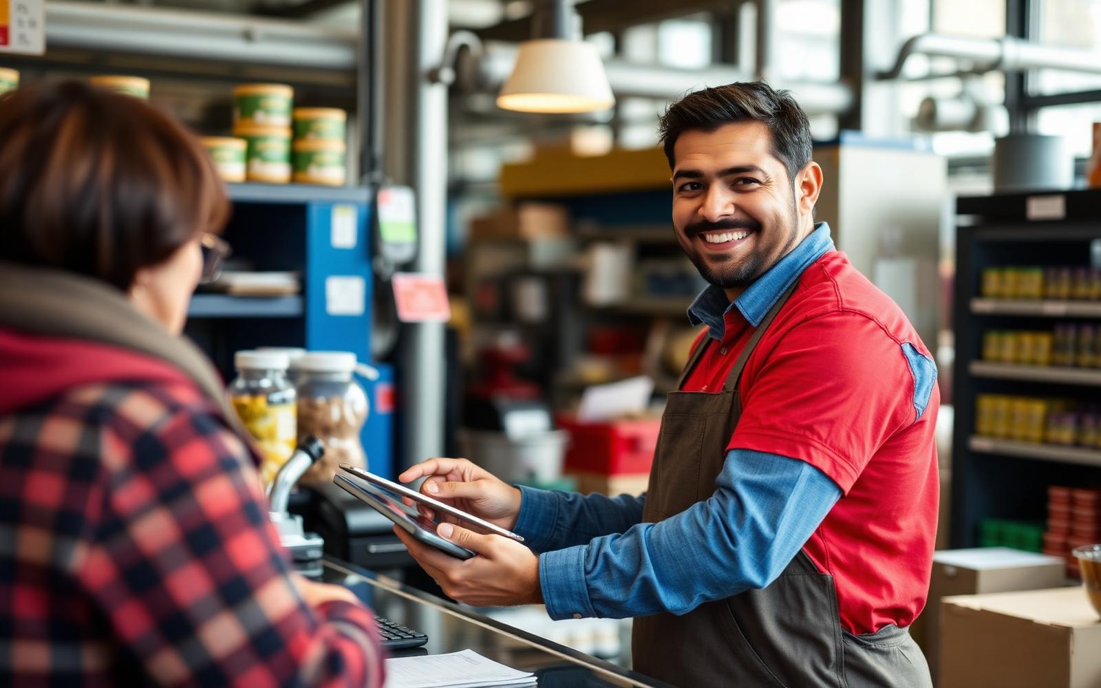 Addetto alle vendite che raccoglie un ordine su tablet al banco di un cliente