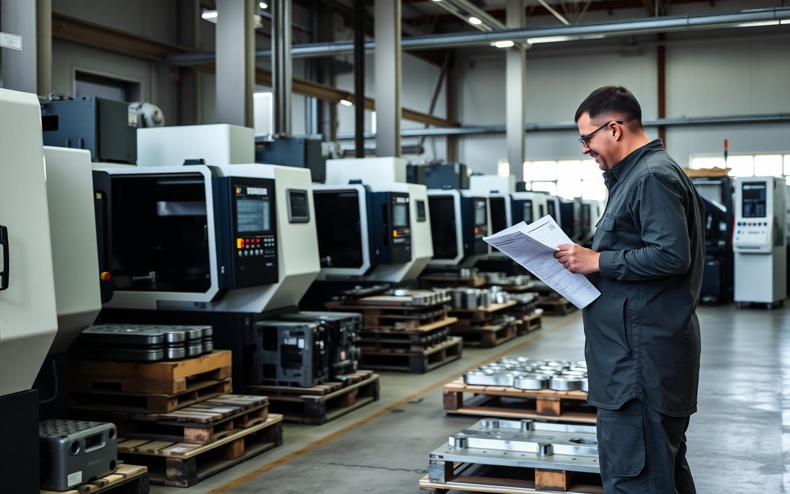 Officina meccanica con macchine a controllo numerico e operatore che legge un ordine di produzione