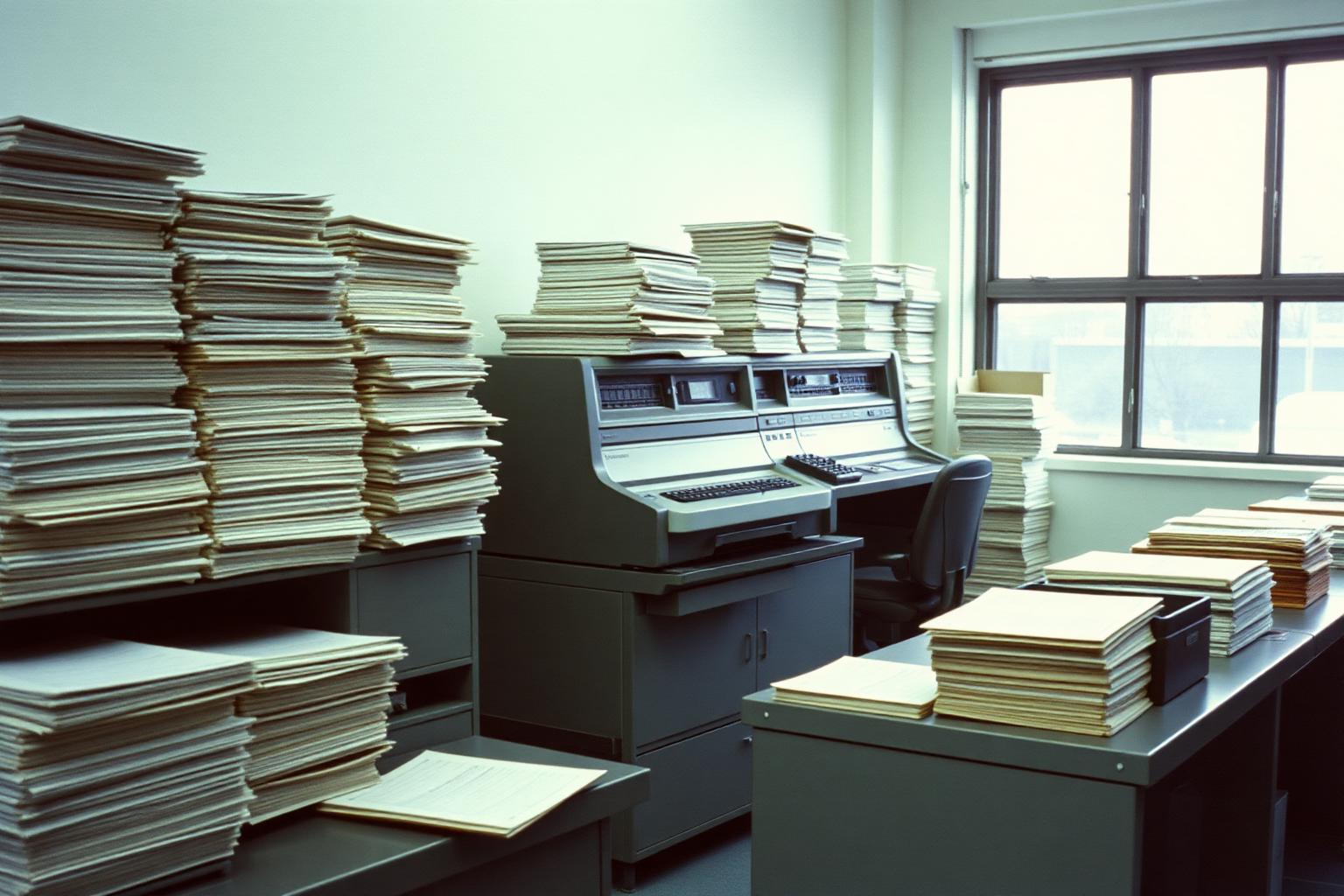 Centro elaborazione dati di fine anni Settanta con pile di tabulati