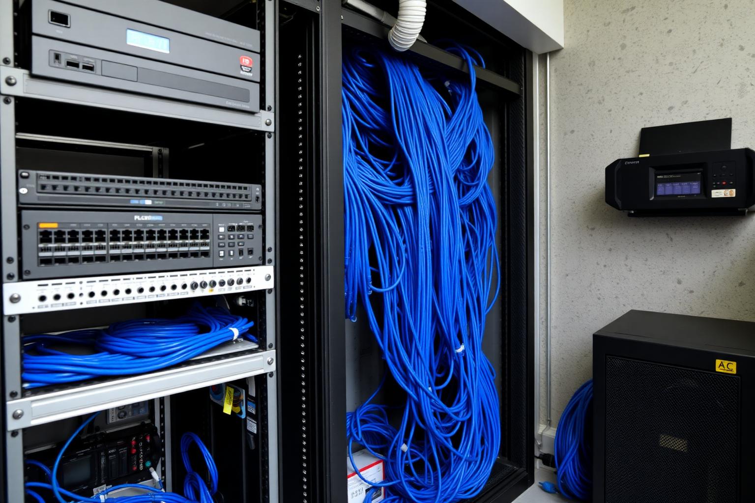 Armadio rack con switch, firewall e cablaggio ordinato